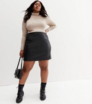 New Look Curves Black Leather-Look Split Hem Mini Skirt